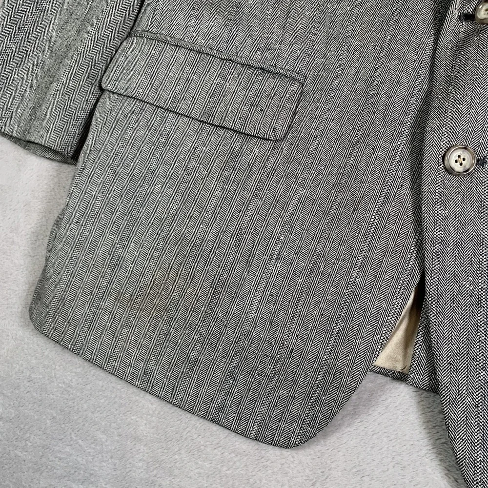 Old School Bespoke‎ Blazer Mens 43R Gray Herringbone Tailored USA 100% Linen